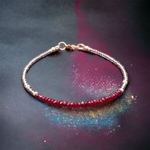 New Handmade Solid 18k Yellow Gold Natural Smokey Quartz | Ruby Bracelet  , 7"